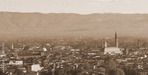 Panoramic view of Vicenza city with old toned sepia effect