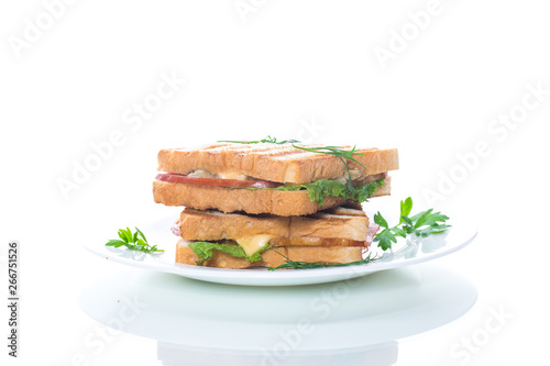 fresh sandwich with vegetables, bacon and cheese on a white