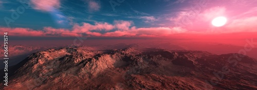 Alien landscape  sunset above the surface of the planet in space  3d rendering