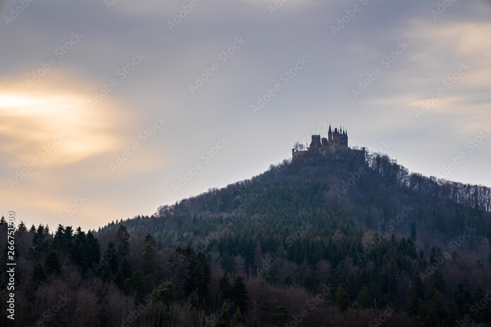 Germany, Majestic hohenzollern castle on a hill in mystic dark atmosphere