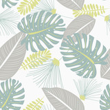 Seamless pattern with tropical plants in pastel colors. Vector design. Flat jungle print. Floral background.