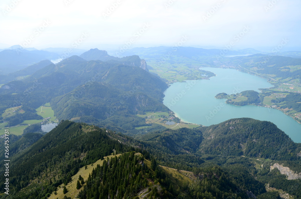 View of Lake Mondsee in the Austrian region Salzkammergut seen from Schafberg