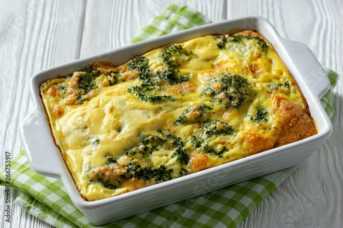 Broccoli casserole with eggs and cheese, vegetarian food.