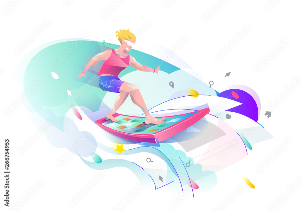 Concept in flat style with man surfing through internet. Concept in flat style with man surfing through internet.