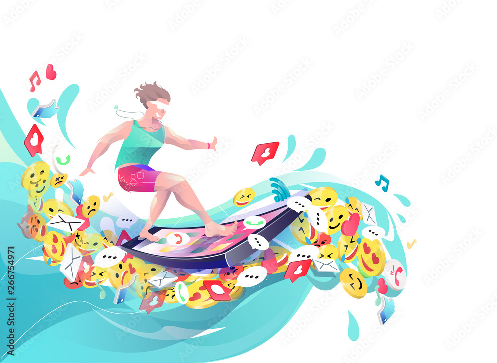 Concept in flat style with man surfing through internet.