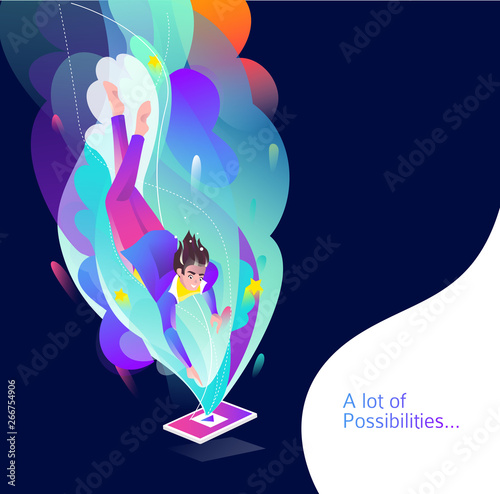 Concept in flat style with man falling down to tablet.