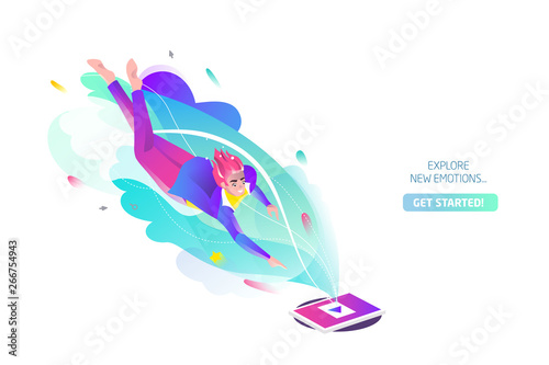 Concept in flat style with man falling down  with tablet.