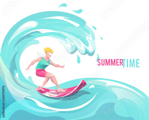 Concept in flat style with surfing man.