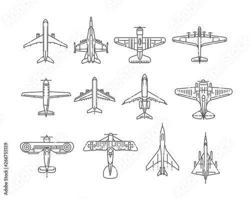 Modern types of planes. Large and small passenger aircraft. Air transport. Vector illustration in flat style