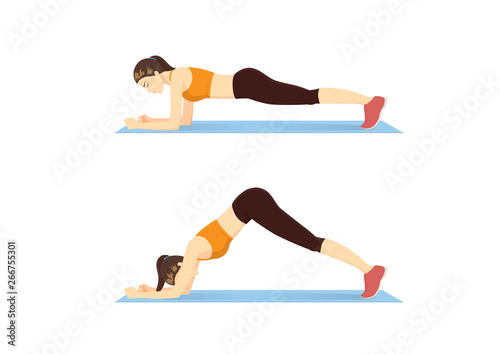 Woman doing Sliding Pike Exercise on blue mat for guide. Illustration about side abdominal workout.