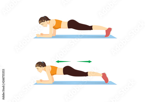 Woman doing body saw exercise guide in 2 step. Illustration about side abdominal workout.