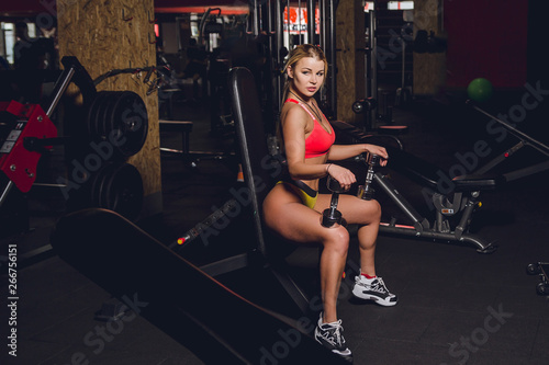perfect sexy girl in orange top, short yellow pants getting ready or prepare to do an exercise on the shoulders with a dumbbell in the gym sitting front view. classic exercises for shoulder