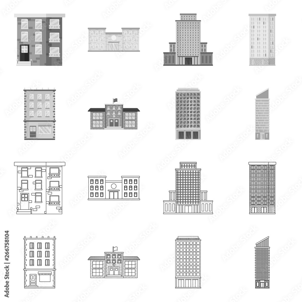 Vector illustration of municipal and center icon. Set of municipal and estate vector icon for stock. Vector illustration of municipal and center icon. Set of municipal and estate vector icon for stock.