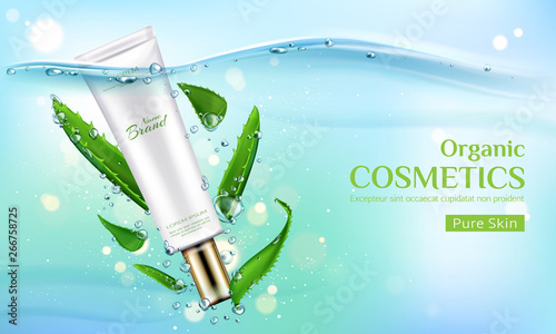 Organic cosmetics product tube mockup with green aloe vera leaves on transparent aqua background with air bubbles. Natural eco cosmetic pure skin care cream. Realistic 3d vector illustration, banner.