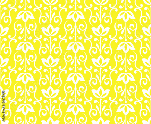 Flower geometric pattern. Seamless vector background. White and yellow ornament. Ornament for fabric, wallpaper, packaging, Decorative print