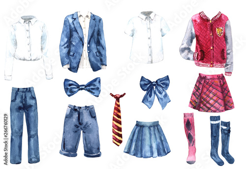 School Uniform Watercolor Set. Back to School. College clothes isolated
