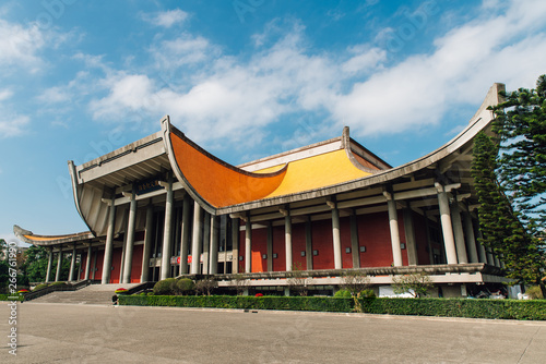 The National Dr. Sun Yat-Sen Memorial Hall with blue sky and cloud with nobody in Taipei, Taiwan.