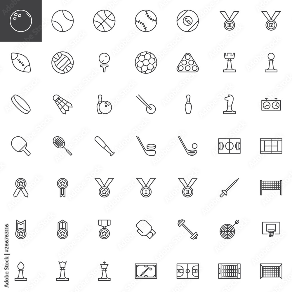 Sports equipment line icons set. linear style symbols collection, outline signs pack. vector graphics. Set includes icons as tennis ball, basketball, american football field , ice hockey, award medal Sports equipment line icons set. linear style symbols collection, outline signs pack. vector graphics. Set includes icons as tennis ball, basketball, american football field , ice hockey, award medal