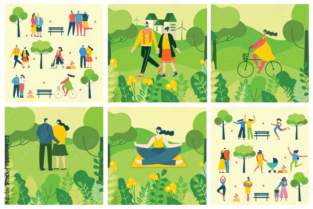 Fototapeta premium Vector Nature ECO background with different people, couple doing activities, walking and have a rest outdoor, in the forest and park in the flat style