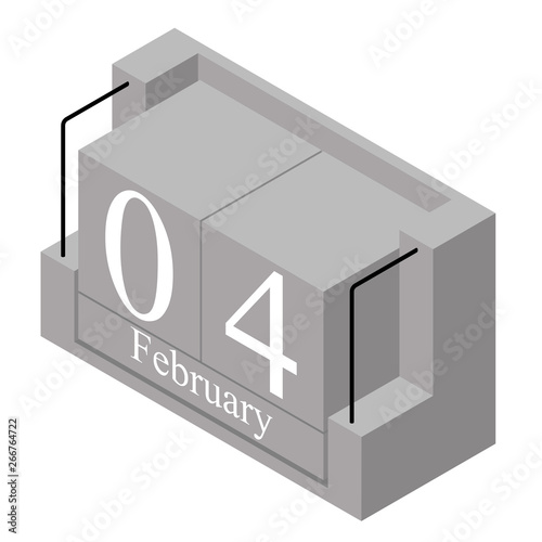 February 4th date on a single day calendar. Gray wood block calendar present date 4 and month February isolated on white background. Holiday. Season. Vector isometric illustration