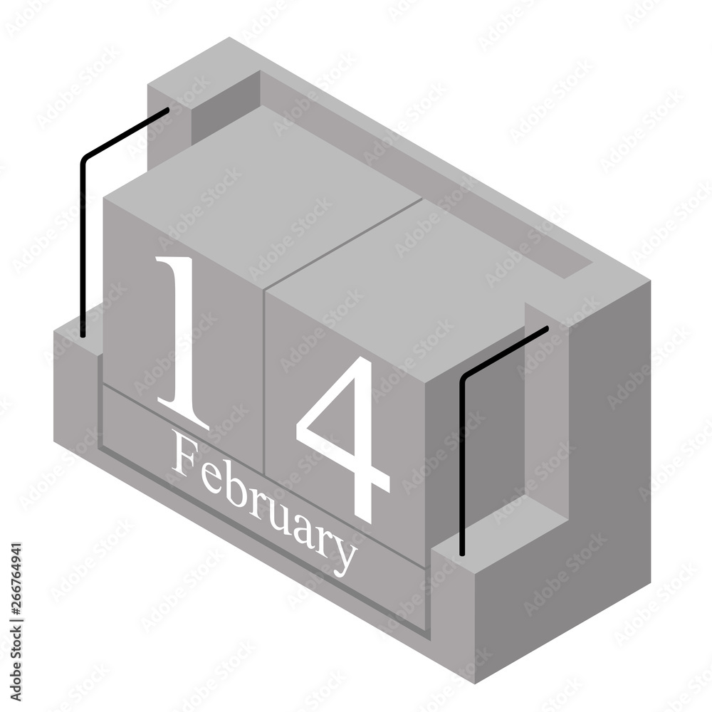 February 14th date on a single day calendar. Gray wood block calendar present date 14 and month February isolated on white background. Holiday. Season. Vector isometric illustration February 14th date on a single day calendar. Gray wood block calendar present date 14 and month February isolated on white background. Holiday. Season. Vector isometric illustration