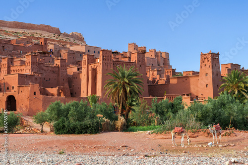 The Kasbahs of Ait Ben Haddou in the front are two Camels / The Kasbahs of Ait Ben Haddou in the south of Morocco, Africa.