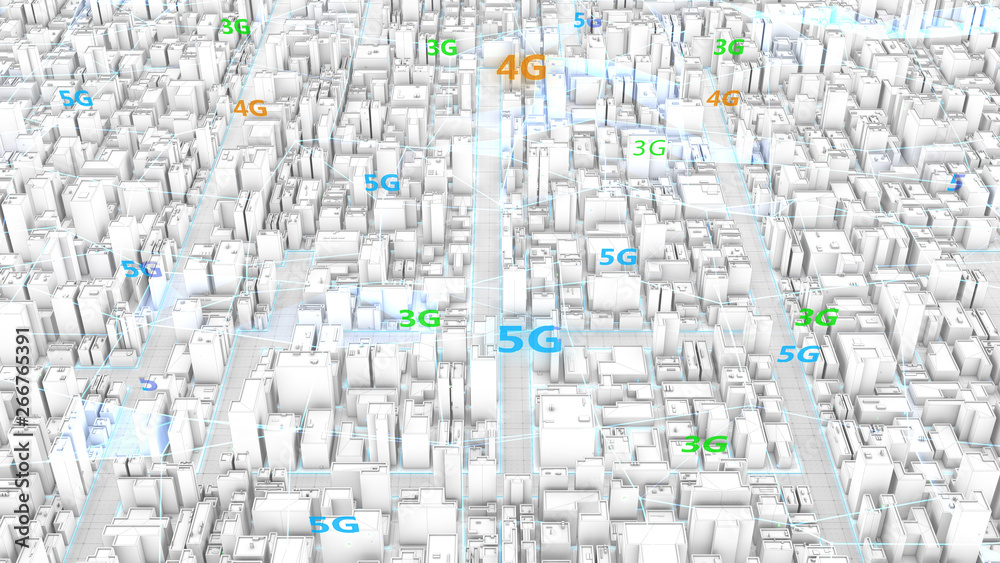Aerial view city in white colors, connected of plexus various genarations (3G, 4G, 5G ) wireless networks. Smart city and global network and data connections. IoT. ICT. 3d render. Aerial view city in white colors, connected of plexus various genarations (3G, 4G, 5G ) wireless networks. Smart city and global network and data connections. IoT. ICT. 3d render.