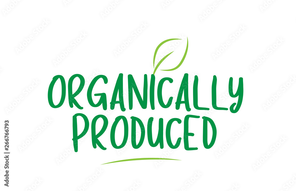 organically produced green word text with leaf icon logo design organically produced green word text with leaf icon logo design