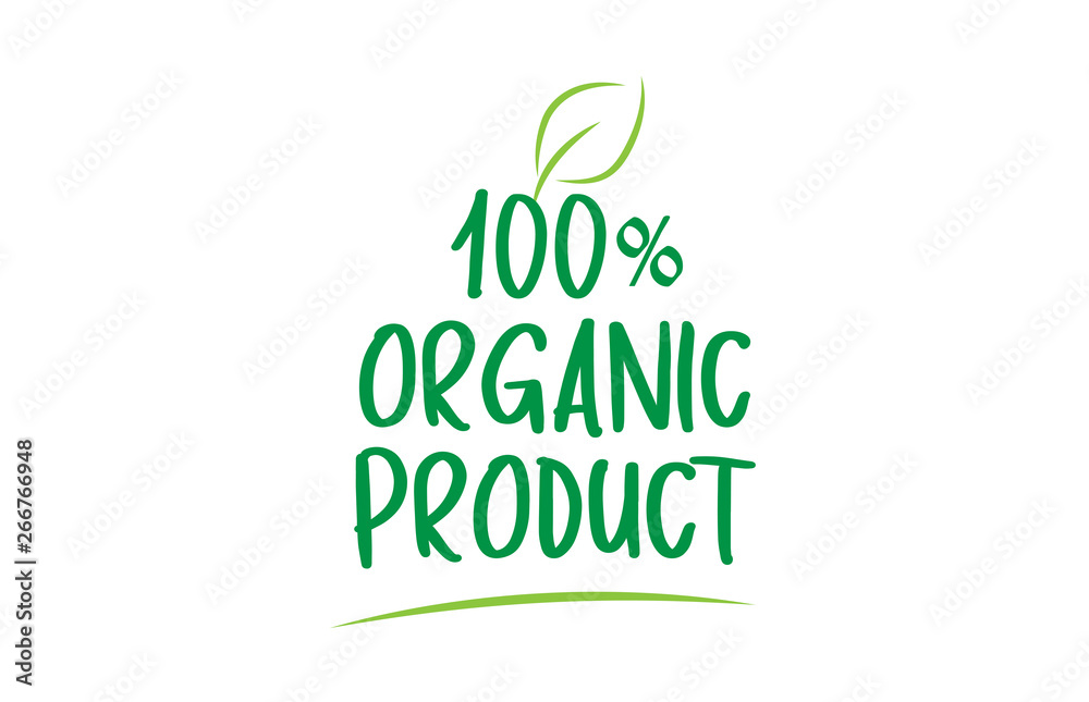 100% organic product green word text with leaf icon logo design 100% organic product green word text with leaf icon logo design