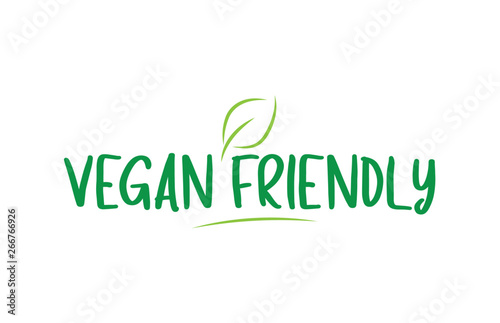 vegan friendly green word text with leaf icon logo design