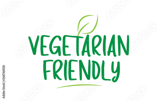 vegetarian friendly green word text with leaf icon logo design