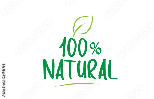 100% natural green word text with leaf icon logo design