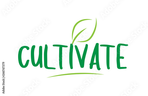 cultivate green word text with leaf icon logo design