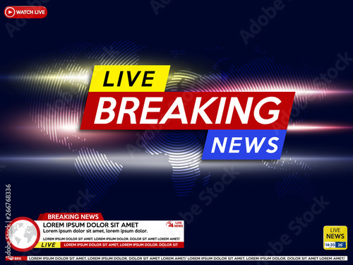 Breaking news live on world map background.Background screen saver on breaking news.  Vector illustration.