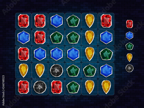 Match 3 game. Color gemstones icon set. Design game ui element.  Vector illustration.