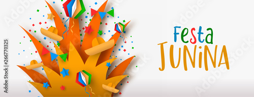 Festa Junina paper art banner of bonfire party