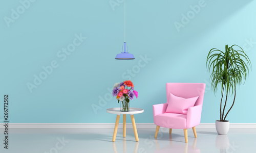 Pink sofa in light blue living room for mockup  3D rendering