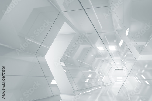 Abstract hexagon Spaceship corridor. Futuristic tunnel with light. Future interior background  business  sci-fi science concept. 3d rendering