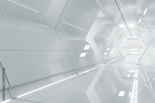 Abstract hexagon Spaceship corridor. Futuristic tunnel with light. Future interior background, business, sci-fi science concept. 3d rendering