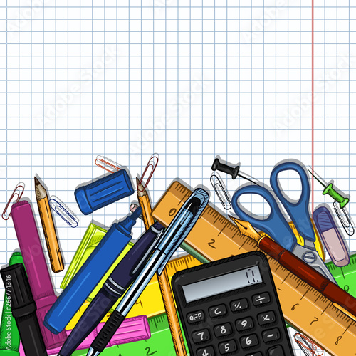 Vector Cartoon Illustration - Pile of Stationery with Cope Space on Checkered Background