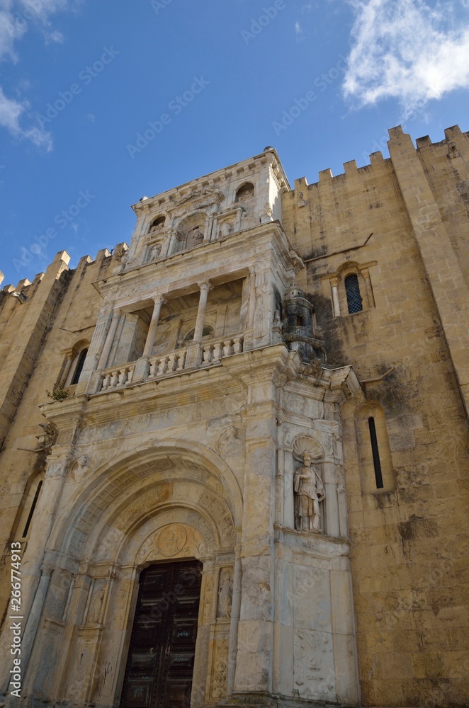 Facade of the Old cathedral in Coimbra, Portugal
