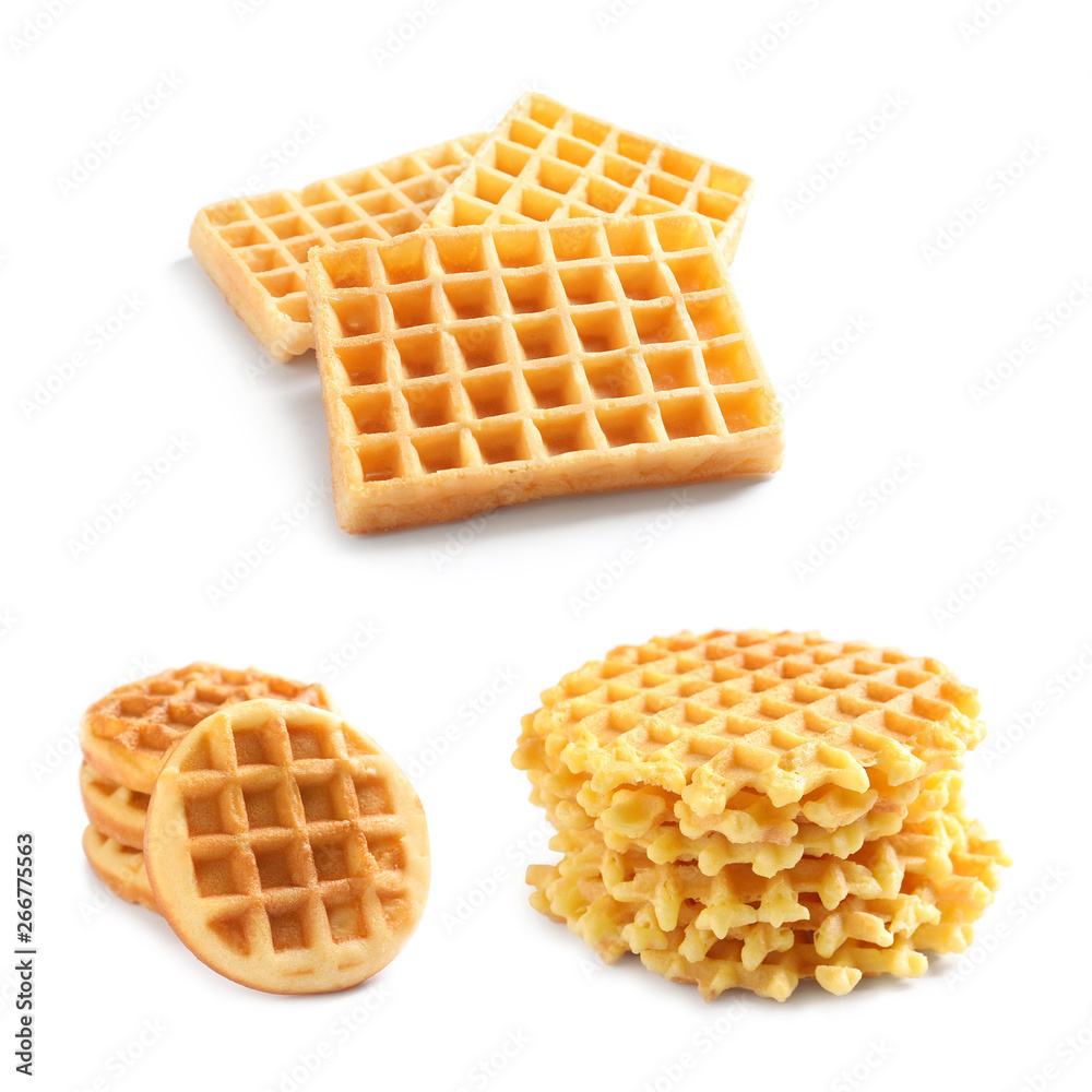 Set of delicious waffles on white background Set of delicious waffles on white background