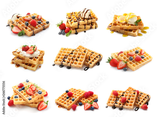 Set of delicious waffles with different toppings on white background