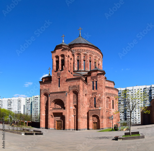 The Cathedral of the Transfiguration of the Lord is part of the Armenian temple complex, opened in 2013. Architect Artak Gulian. Russia, Moscow, April 2019.