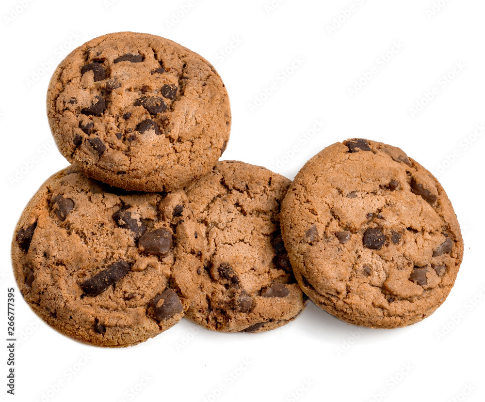 Chocolate chip cookies with chocolate chunks isolated on white background. Close up. Junk food concept Chocolate chip cookies with chocolate chunks isolated on white background. Close up. Junk food concept