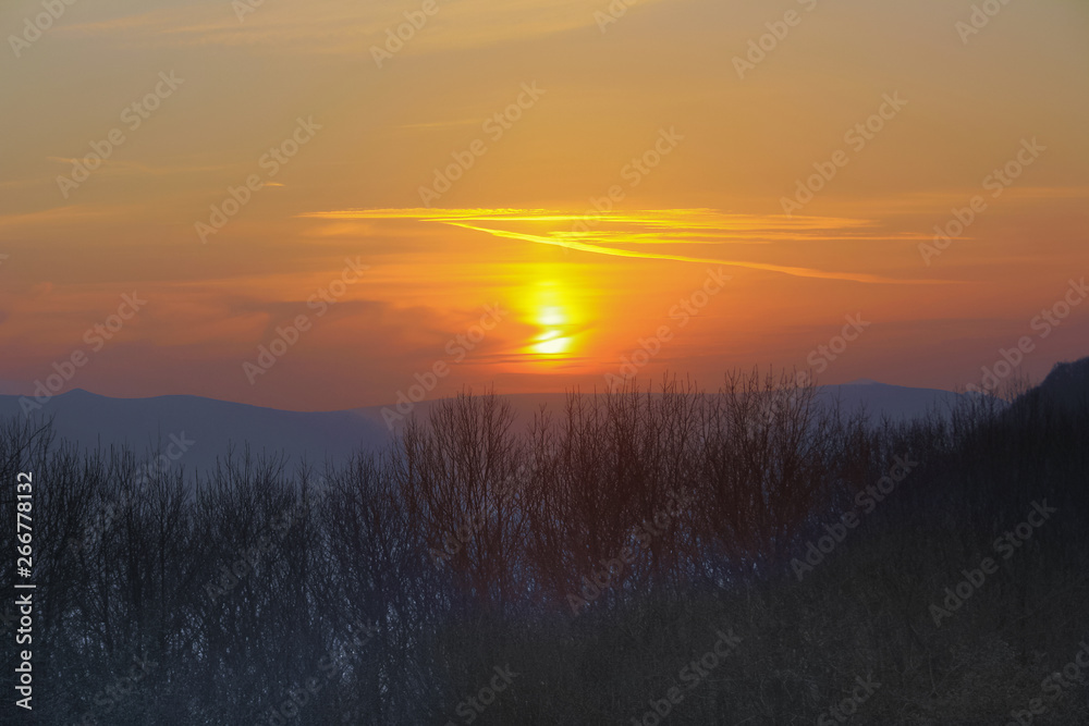 Landscape, mountains of the North Caucasus in the evening, sunset