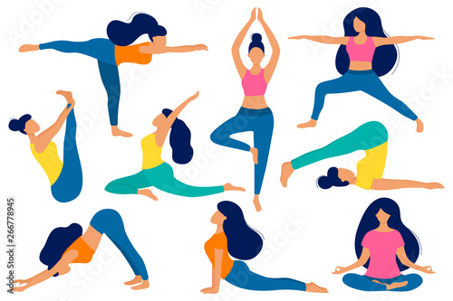 Vector various poses of yoga set. Flat style women illustration. Yoga Exercises. People practicing asana.