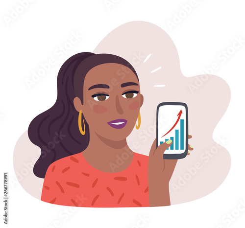  Data Analysis on mobile Application. African-American woman checking successful business development on smartphone. Modern marketing concept. 