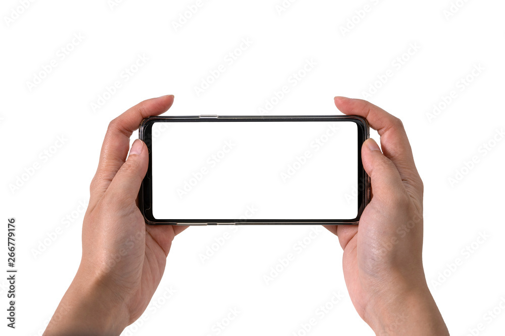 two hand holding mobile with whit background and clipping path two hand holding mobile with whit background and clipping path