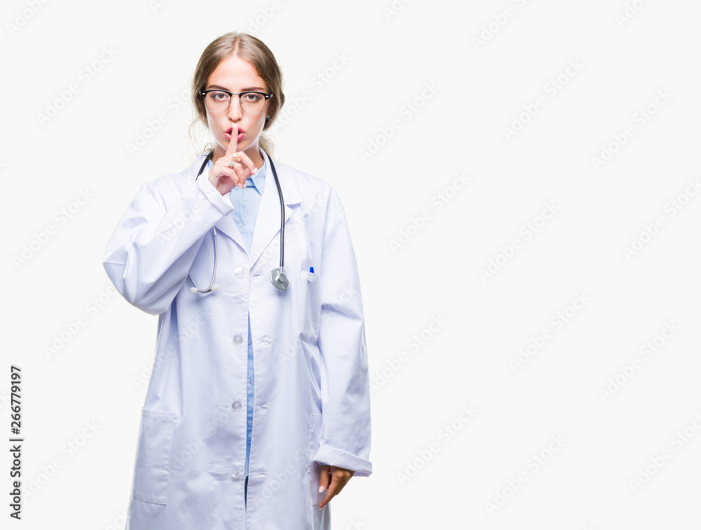 Beautiful young blonde doctor woman wearing medical uniform over isolated background asking to be quiet with finger on lips. Silence and secret concept. Beautiful young blonde doctor woman wearing medical uniform over isolated background asking to be quiet with finger on lips. Silence and secret concept.